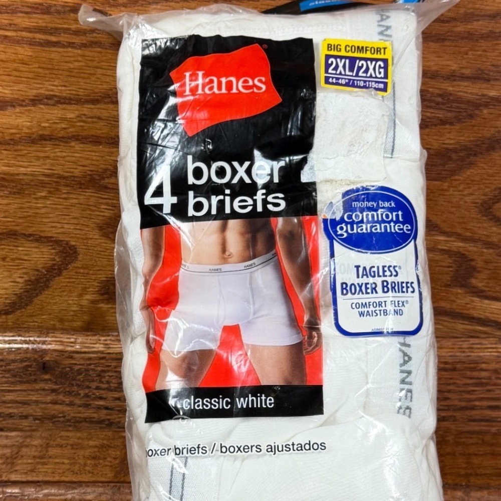 Hanes Mens 4 Pack Tagless Boxer Briefs White Comfort Flex Waistband 2XL 44-46
